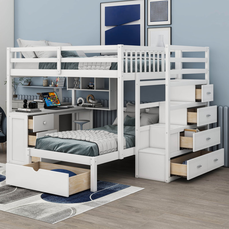 Jefforey Full Over Twin Bunk Bed with Desk, Drawers and Shelves, White