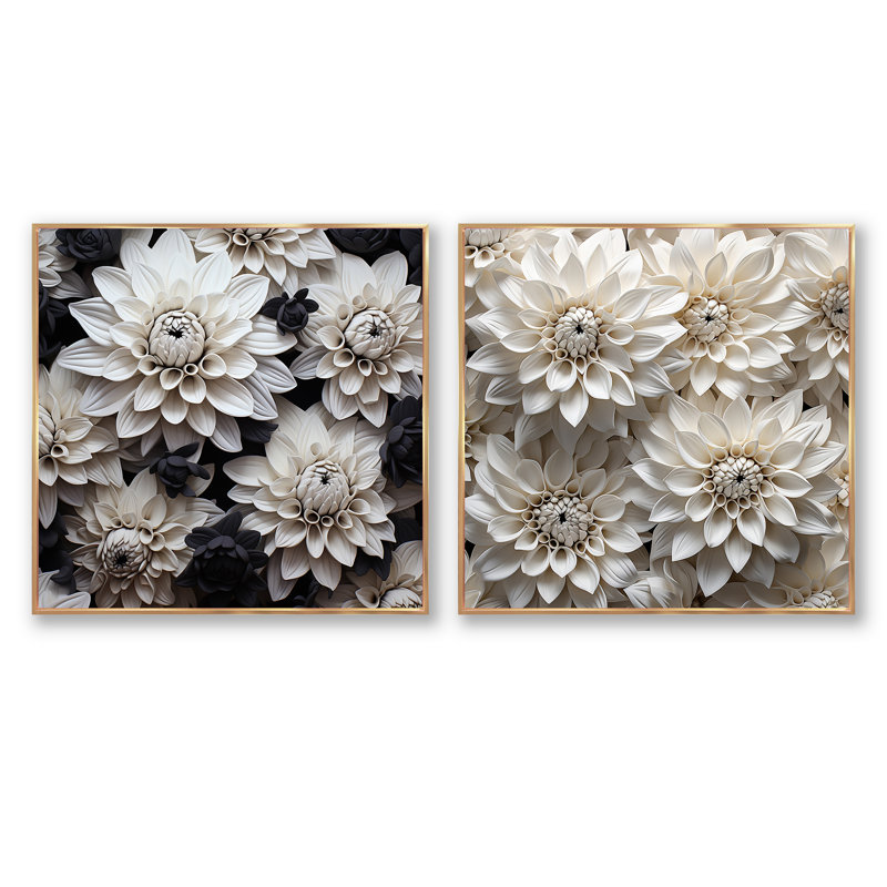 Minimalisme mamans, peinture en noir et blanc - ensemble de 2 mamans carrées, Cadre flottant doré, H 30 po x l 61 po