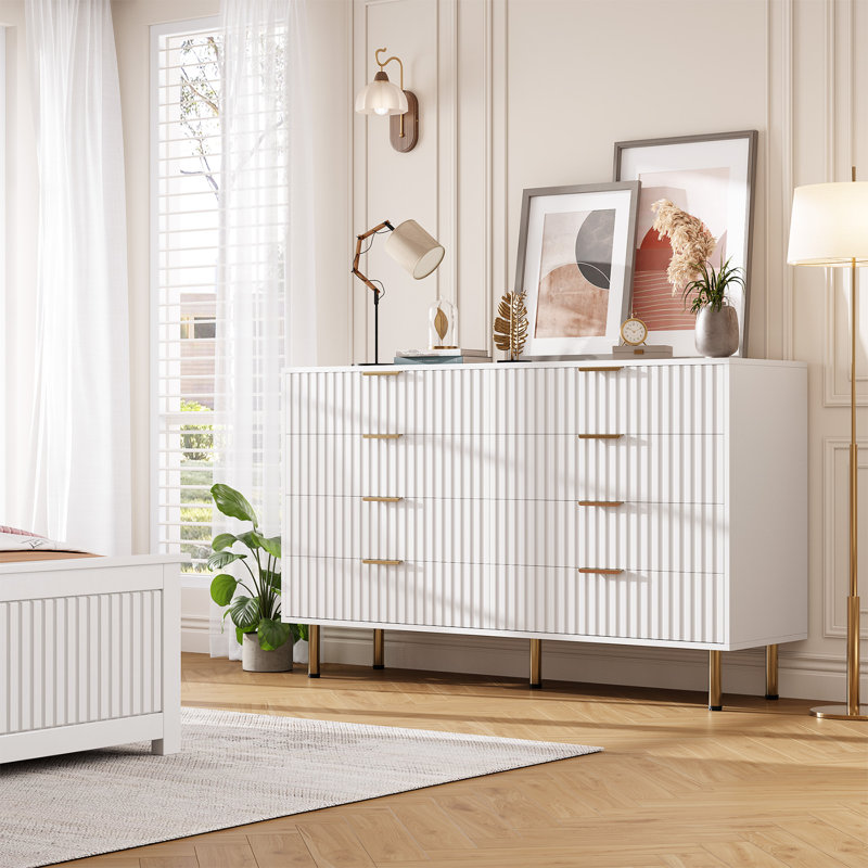 Commode de rangement cannelée 8 tiroirs, Blanc