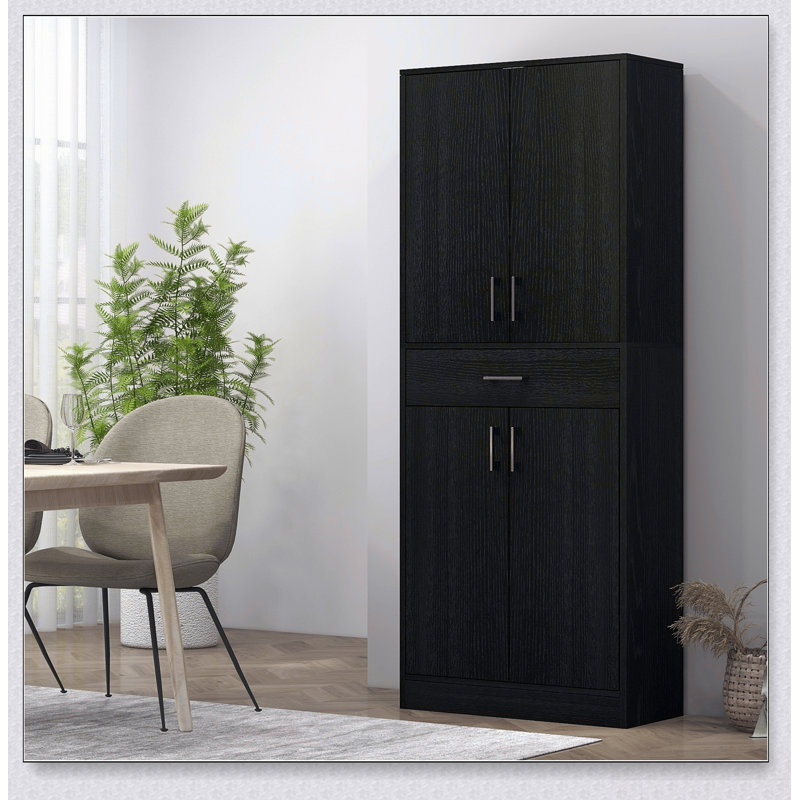 Armoire de cuisine autoportante de 71 pouces avec tiroir et tablette réglable, finition noire patinée pour plus de rangement