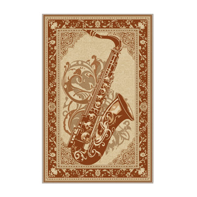 Machine Washable Orfelinda Saxophone Classic Oriental Rug in Brown – Beige Binding