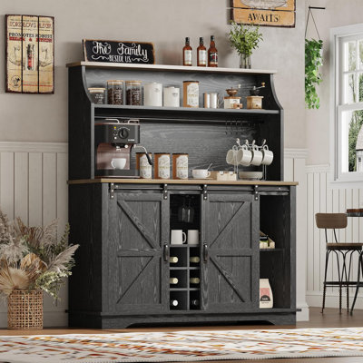 Bar à café Abrianna de 47 po avec rangement à 3 niveaux, huche de cuisine avec 9 porte-bouteilles et 3 porte-verres, armoire à café avec 6 crochets, armoire à vin pour la cuisine, la salle à manger et le salon