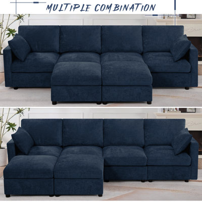 110" Chenille Sectional Sofa With Two Pillows And Ottoman, Modern 4-Seat Couch With Upholstered Cushion, U-Shape Sofa For Living Room, Office