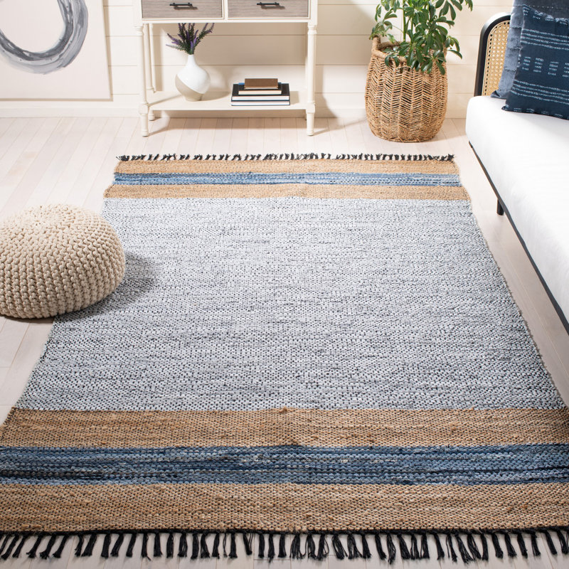 Tapis en cuir / jute / coton tissé à la main Vintage en beige / gris / bleu, Rectangle de 5 pi x 8 pi