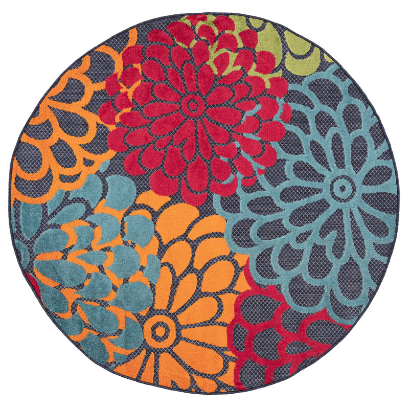 Oneil Modern Floral Navy Polypropylene Round Area Rug, 5'3'' Round, 5RND - ( 5'3'' Round )