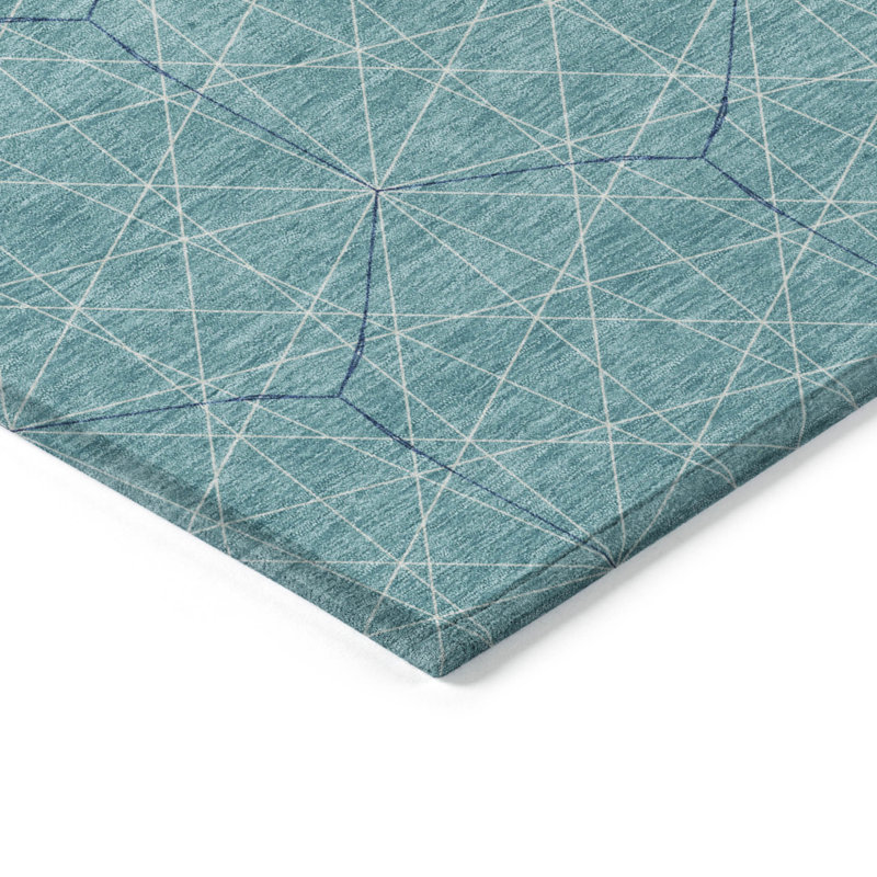 3' X 5' Teal Blue Geometric Washable Indoor Outdoor Area Rug