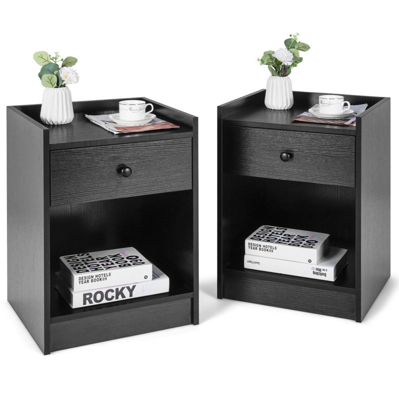 Wooden Nightstand with Drawer Cabinet End Side Table Raised Top, Set of 2, Black