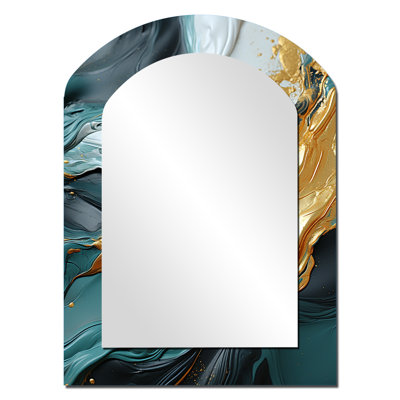 Gold and green white marble waterfall IV - Abstract Painting Arch Decorative Mirror, Modern Asymmetrical Wall Mirror, Printed Metal Art