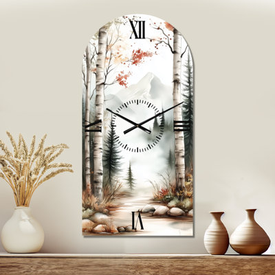 Chemin forestier d'automne avec bouleaux II - Horloge murale en métal en forme d'arche de cabane
