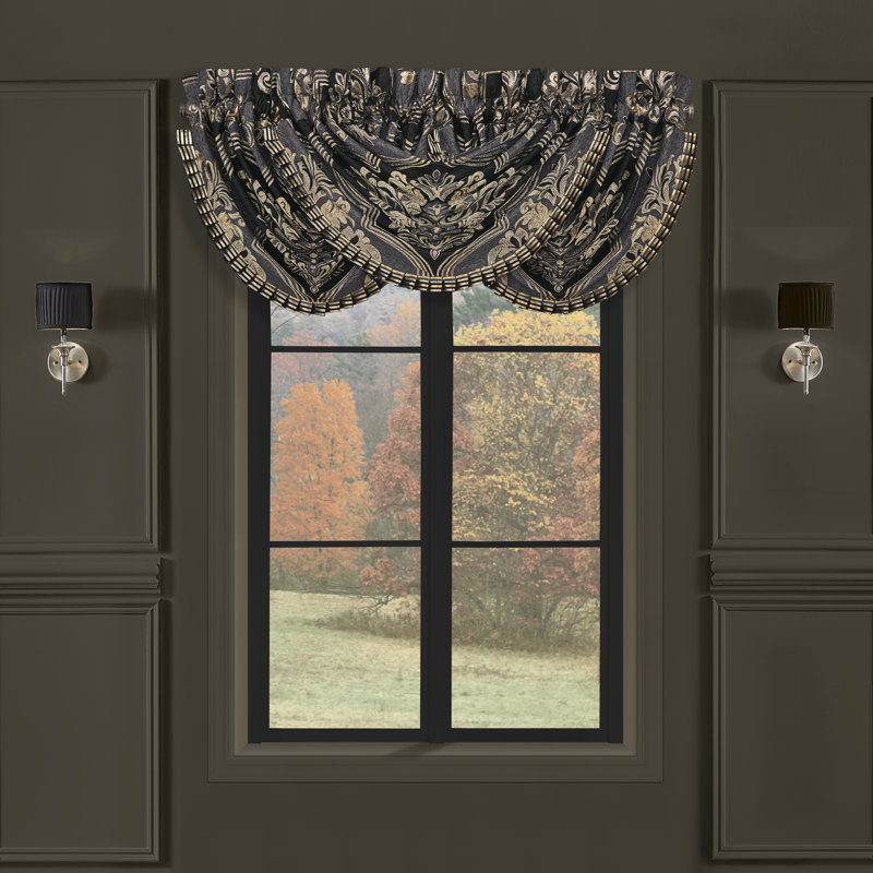 Gray Damask Waterfall Valance with Satin Trim