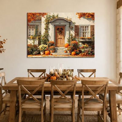 Automne, art mural citrouille sur toile, art automnal, scène de porche douillette, toile tendue à la campagne, art de campagne de l'Action de grâce, salon, entrée, salle à manger, 28 x 40 po