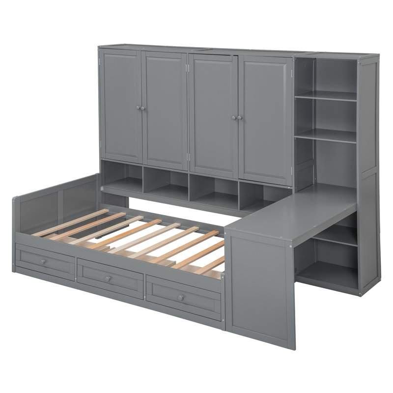 Twin Size Wooden Daybed With Three Drawers, And All-In-One Cabinet, Desk And Shelves, Gray, Twin