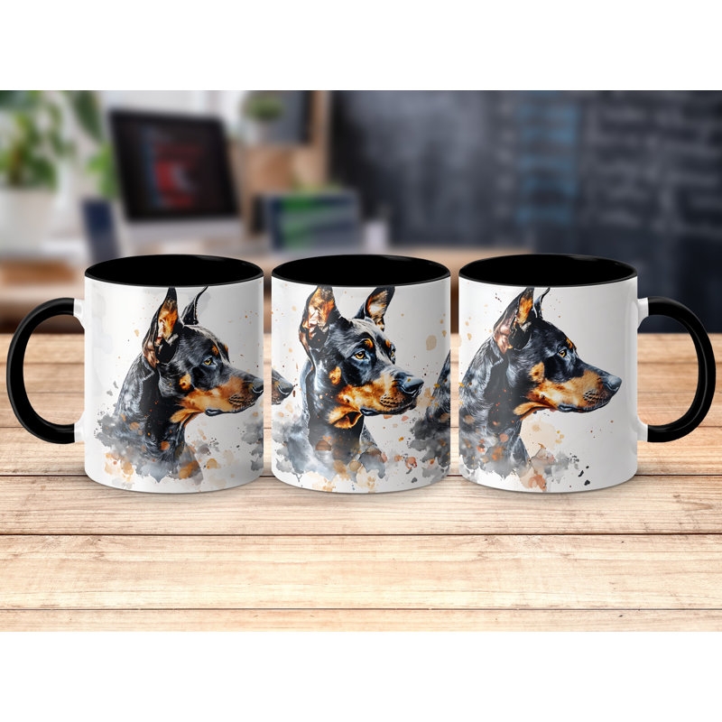 11oz Watercolour Doberman Design Coffee Mug, 3, Black