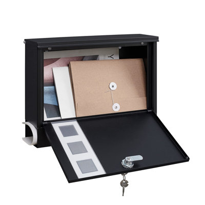 Locking Mailbox Wall Mounted, Metal Postbox With Three Sets Of Mail Box Number Stickers, 4 Keys, 14.4" X 4.5" X 11.2", Large Capacity, Black