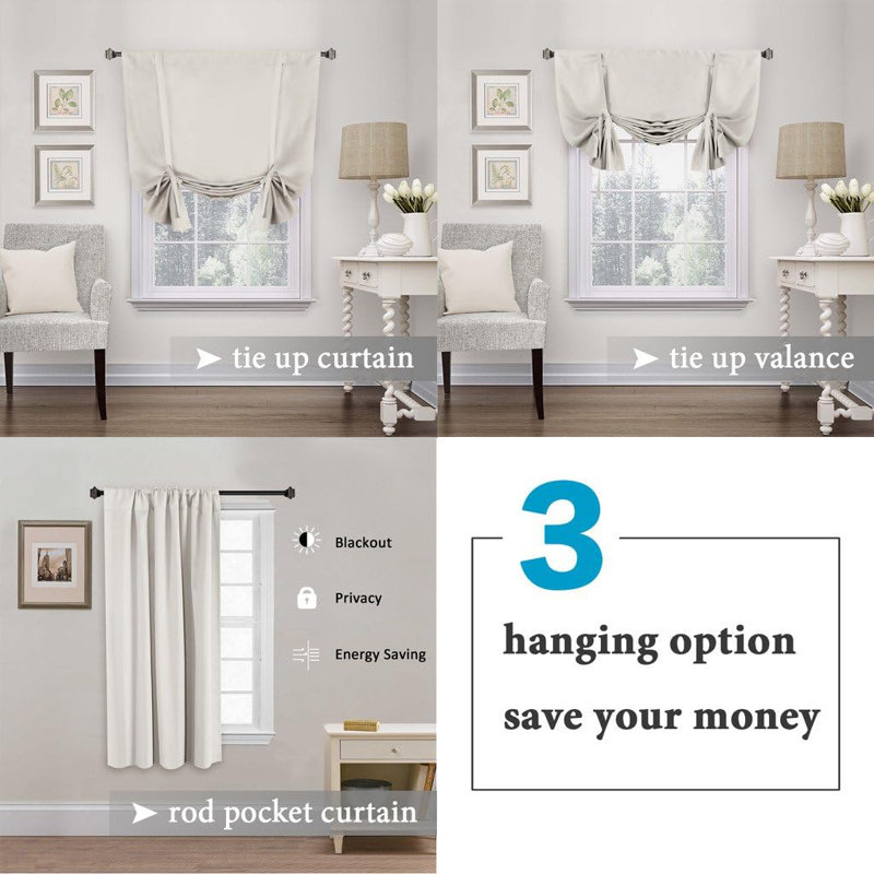 Curtain Thermal Insulated Tie Up Window Shade Light Blocking Curtains for Bathroom, Rod Pocket Single Panel, Ivory/Cream