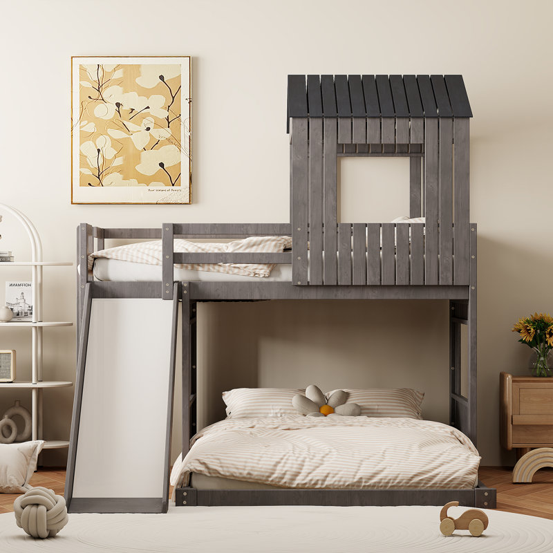 Wooden Twin Over Full Bunk Bed, Loft Bed With Playhouse, Farmhouse, Ladder, Slide And Guardrails, Antique Gray, Antique Gray