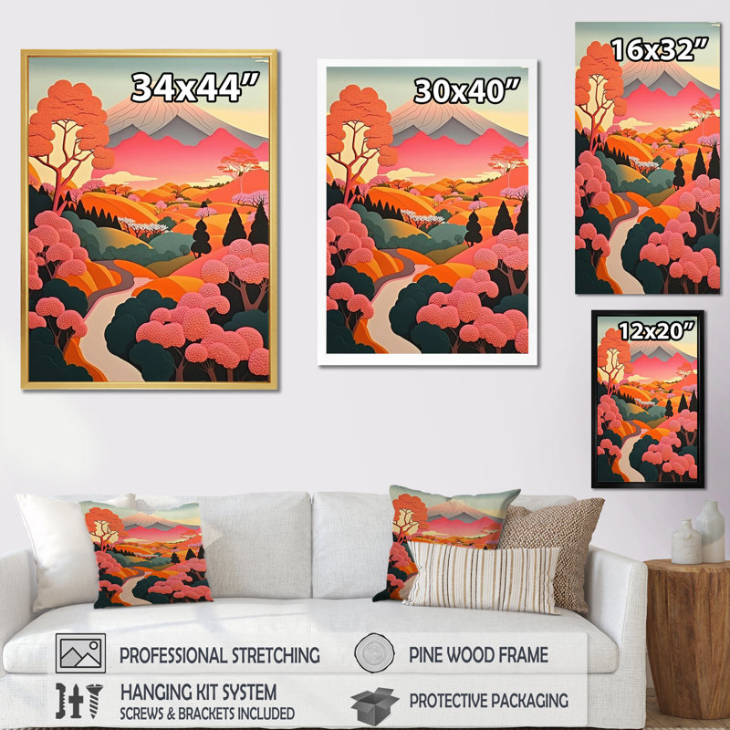 «Elegant Pink Japanese Mountain Landscape I», reproduction sur toile, H 32 po x l 16 po x P 1 po, Cadre simple blanc