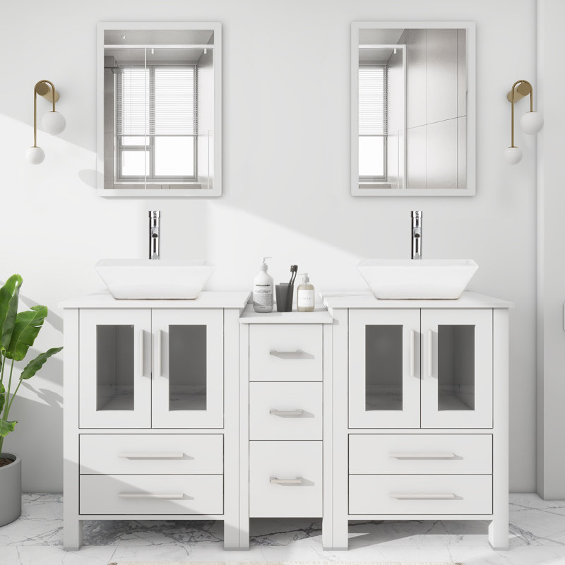 60'' Double Bathroom Vanity with Manufactured Wood Top, Vessel Sink, Faucet, Drain, White