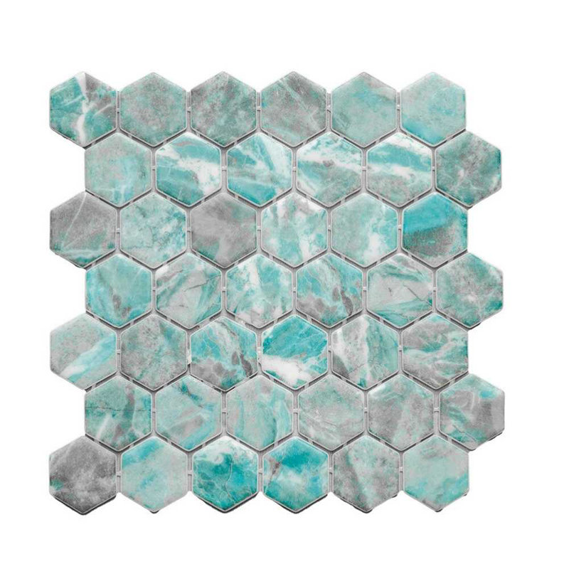 Eterna Hexx 12'' x 12'' Recycled Glass Mosaic, Beryl