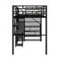 Un lit mezzanine en métal pleine grandeur qui comprend une armoire intégrée et un bureau-62718463