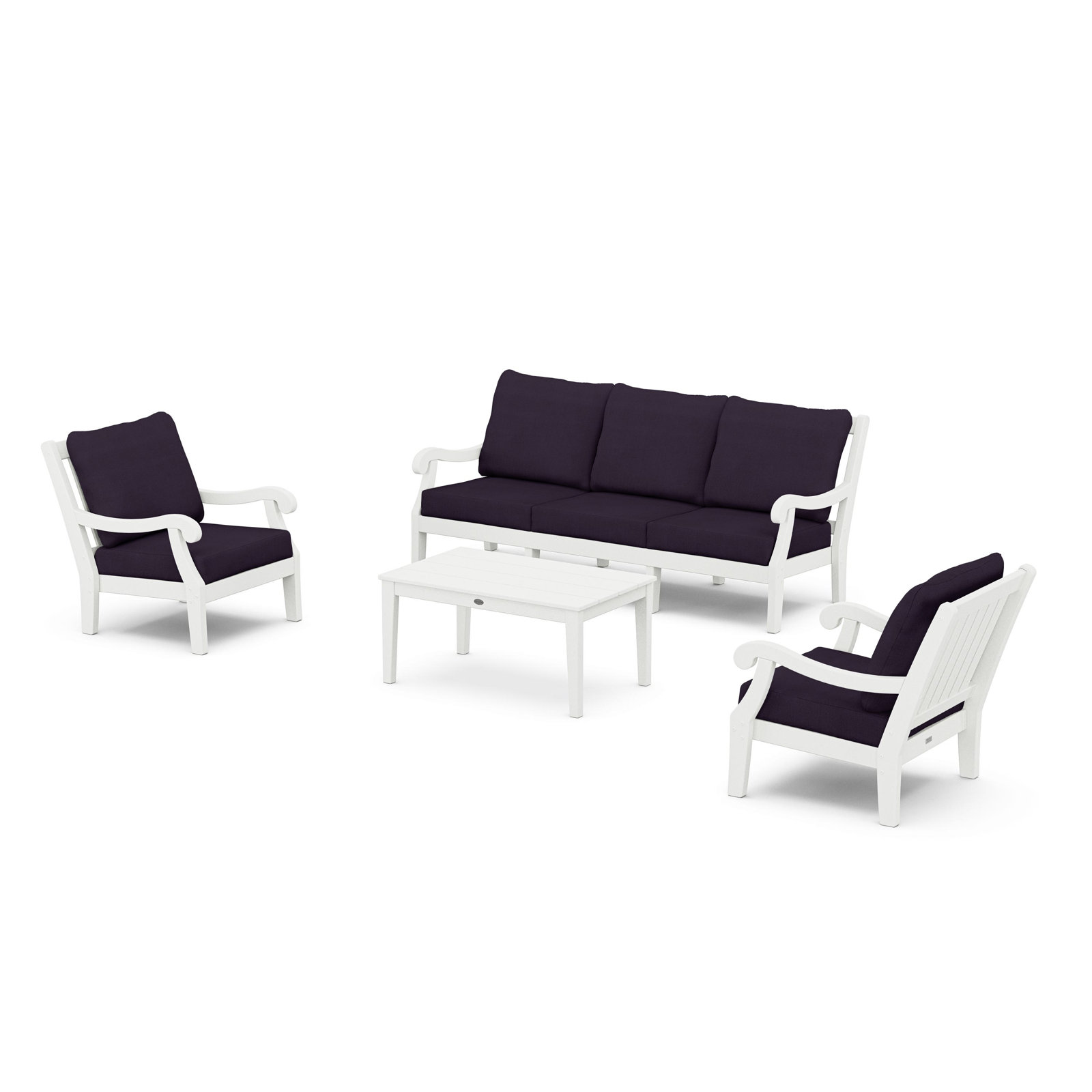 POLYWOOD® Verlyn 5-Person Patio Seating Group, Navy Linen Cushion/White Frame