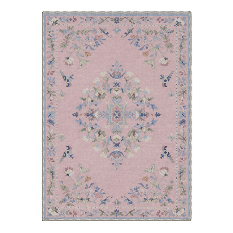 Abadou Auraflora Floral Birds Machine Washable Pink / Blue / Green Indoor Area Rug with Non-Slip Backing, Rectangle 8' x 10'