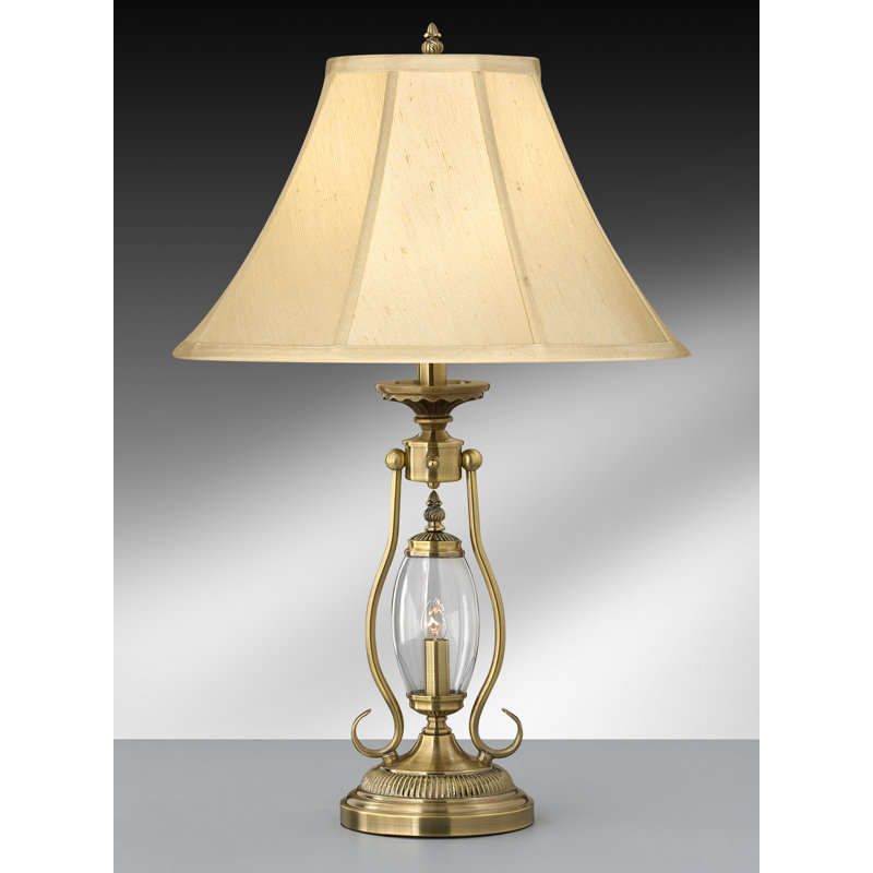 Antique Brass and Glass Dome Table Lamp Set with Beige Shade