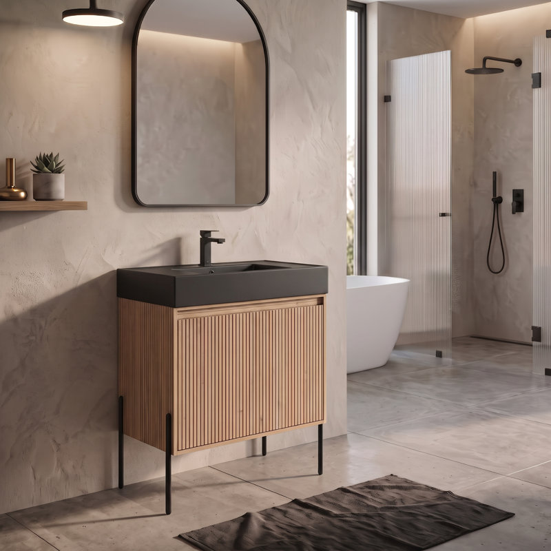 Meuble-lavabo Yordana de 30 po de largeur Ebern Designs, Noir, noir, noir, noir, Chêne
