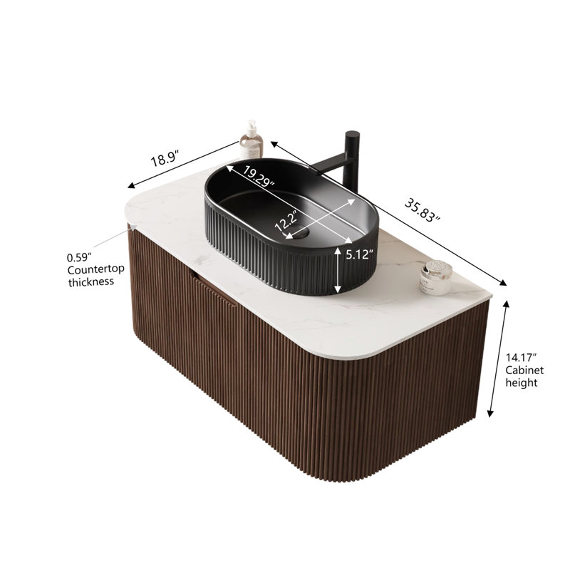 Meuble-lavabo de 36 po avec vasque en céramique noire, armoire à rayures 3D murale, noyer foncé, tiroir à fermeture en douceur, lavabo ovale moderne pré-assemblé, cuve à haute dureté, rangement spacieux, système de tiroir