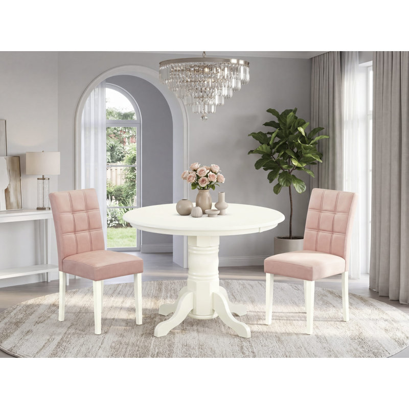 L'ensemble de table de salle à manger 3 pièces contient une table de salle à manger de style Mid-Century et 2 chaises Parson en tissu de polyester beige rouge avec dossier élégant - finition lin blanc