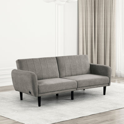 Contemporary Style Gray Fabric 2 - Seat Futon That Converts To Bed, With Channeled Back, Soft Track Arms, And A & C Ports, Made Of Engineered Wood Mid Century Modern Convertible Cushion Seats, Iron