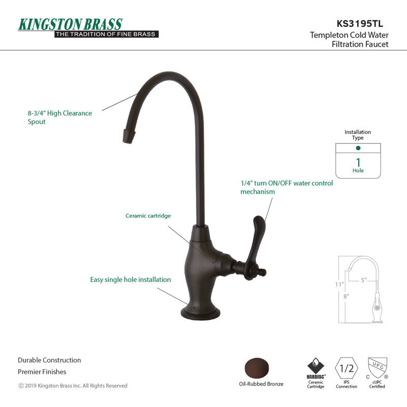 Robinet de filtration d'eau monocommande à 1 trou Kingston Brass Templeton, Bronze huilé