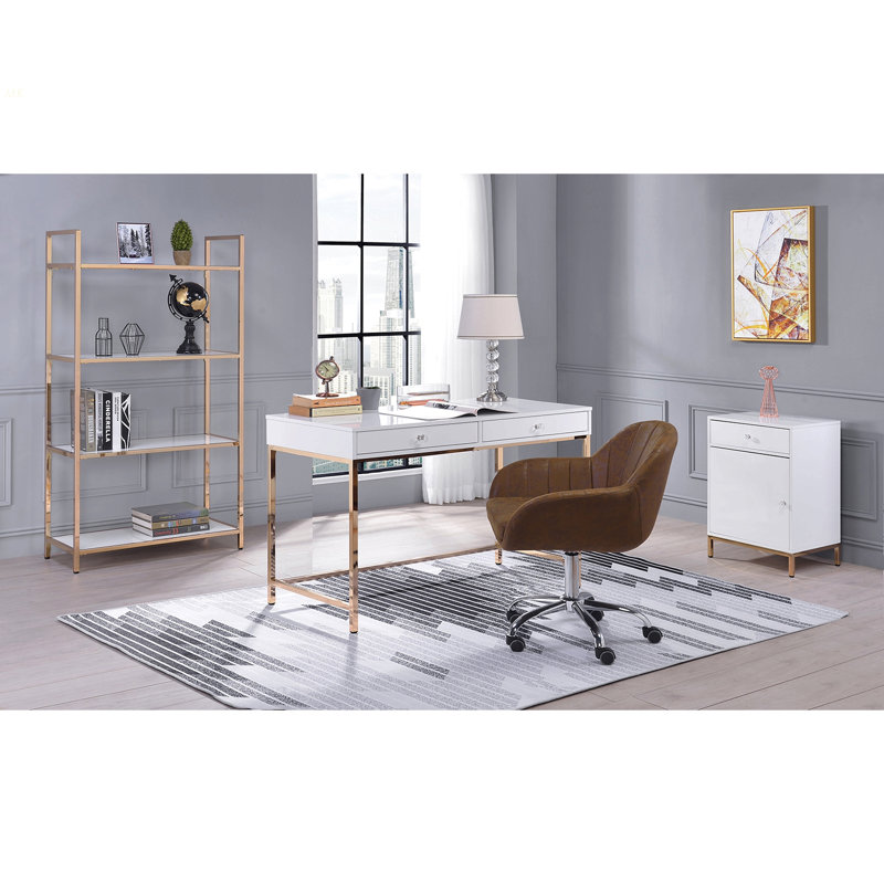 Bureau d'écriture 2 tiroirs blanc ultrabrillant et doré, Blanc, Blanc