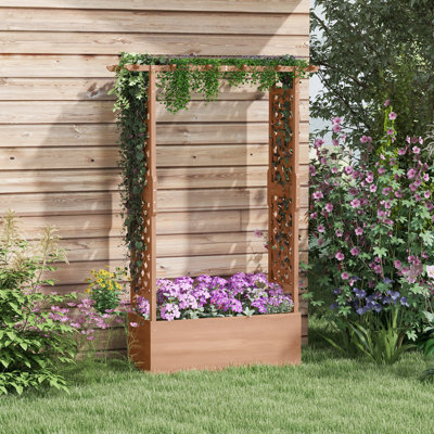 44 x 16.25 x 70.75 in Wood Raised Garden Bed with Arch Trellis, Climbing Plants Outdoor Planter Box Brown
