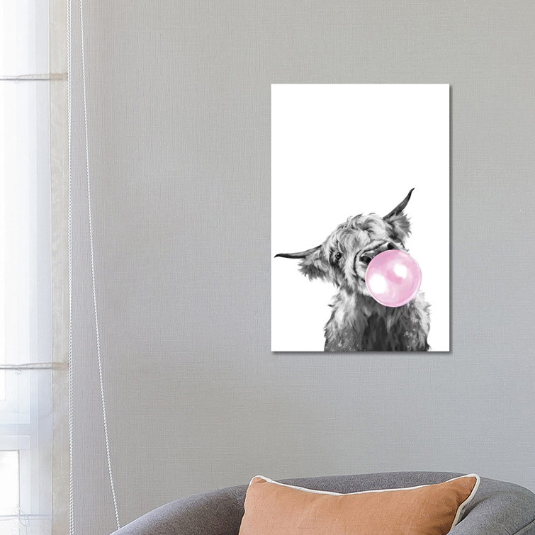 Highland Cow Blowing Bubble Gum in Black and White by Big Nose Work - Wrapped Canvas Graphic Art Print