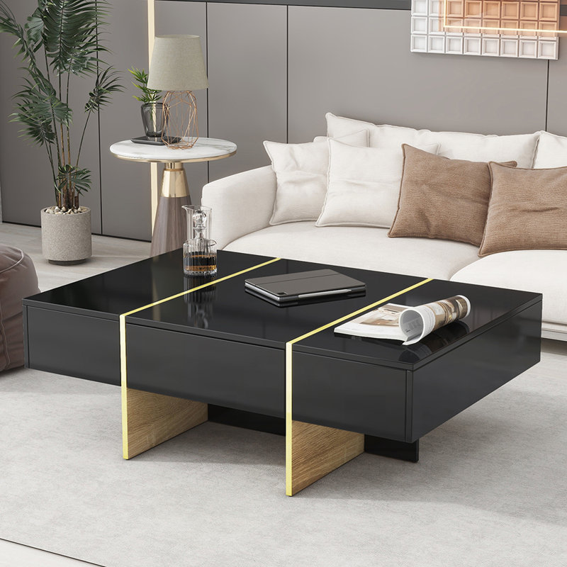 Table basse très brillante avec 2 tiroirs, table de rangement rectangulaire avec pieds en grain de bois doré, Noir/naturel