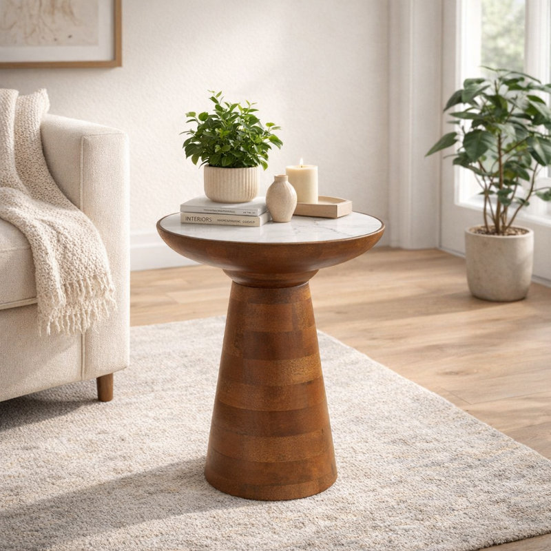 20" Marble Top Side Table with Solid Wood Base – Modern Accent End Table for Living Room – Small Side Table for Stylish and Functional Spaces