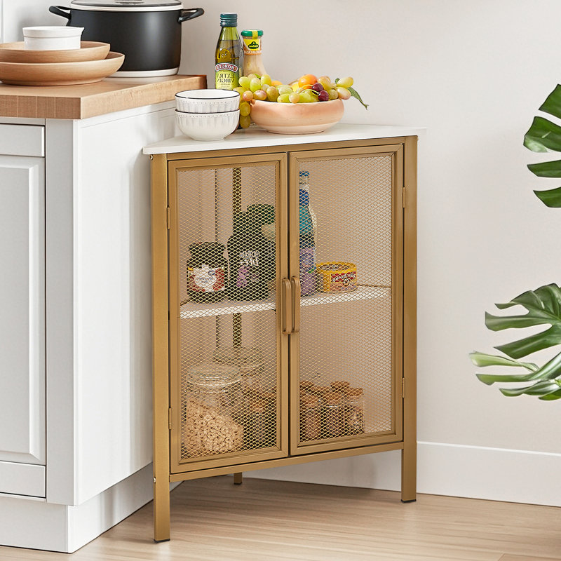 Leilla White Gold 2 Doors Corner Accent Cabinet Triangular 3-tier Storage Cabinet, White/Gold
