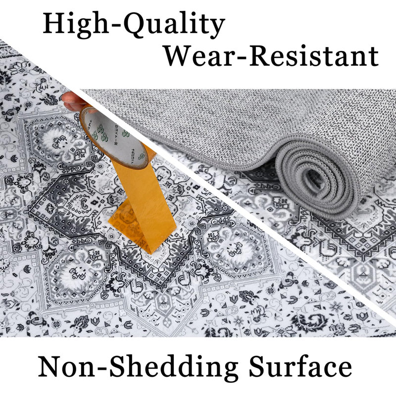 Rectangle Floral Washable Area Rug, Gray, Rectangle 80 x 150 cm