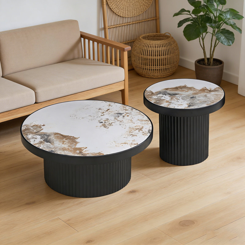 Ensemble de 2 tables basses, table basse ronde en panneau de fibres à densité moyenne en bois aggloméré pour le salon