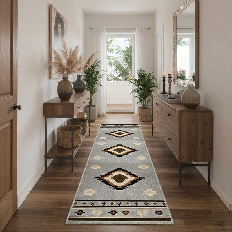 Tapis d'intérieur gris / beige / noir à motif géométrique moderne lavable à la machine avec envers antidérapant