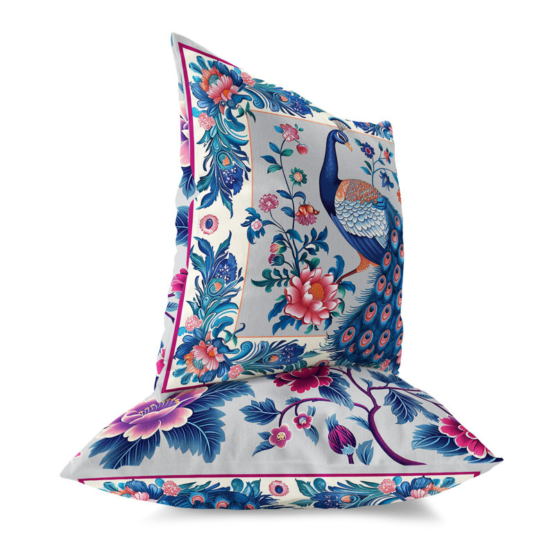Coussin Peacock Blossom, Bleu / Orange, H 16 po x l 16 po