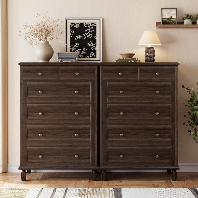 Vintage 6-Drawer Tall Dresser with Tapered Legs, Wood Chest, Dark Brown, Tan