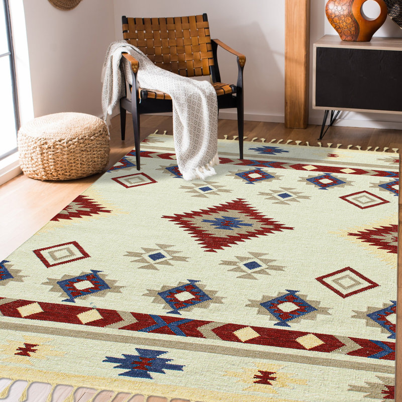Tapis rouge en laine tissé à plat à la main Lavigne, Rectangle 3 pi x 5 pi