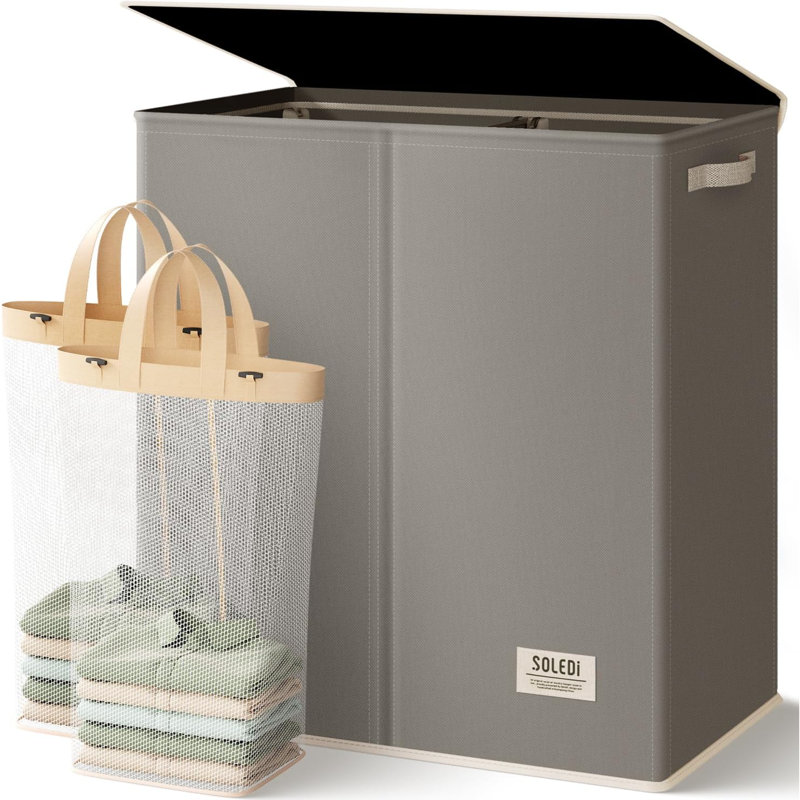 Large Double Laundry Hamper With Lid, Collapsible Clothes Hamper 2 Section With Removable Bags, Space-Saving Laundry Basket For Bedroom, Dorm, College