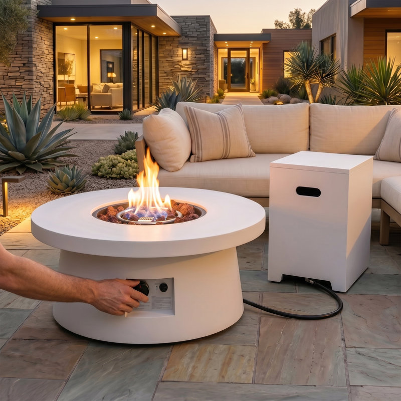 Table de foyer d'extérieur en forme de champignon de 30 pouces, foyer d'extérieur au gaz de 50 000 BTU avec pierres de lave et certification CSA, blanc moderne pour patio