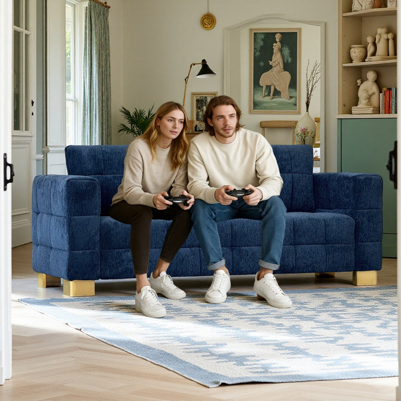 Canapé moderne en chenille, 3 places, avec un design capitonné carré et des pieds en acier inoxydable sur mesure, confortable pour les appartements et les petits espaces