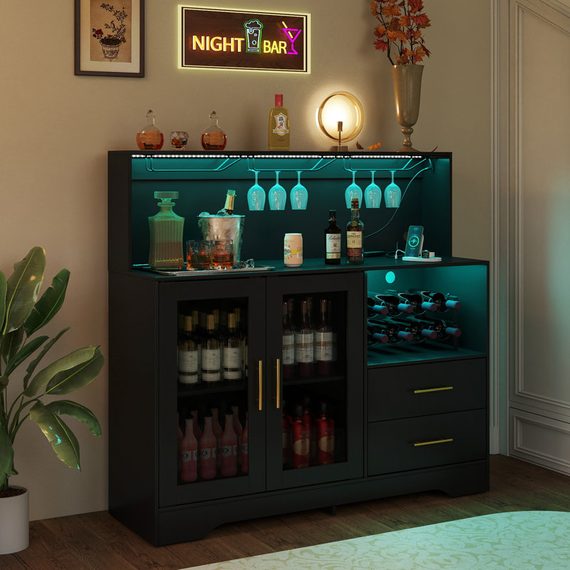  Armoire à vin moderne avec lumières à DEL, bar à café avec supports à vin et porte-verre, station de charge