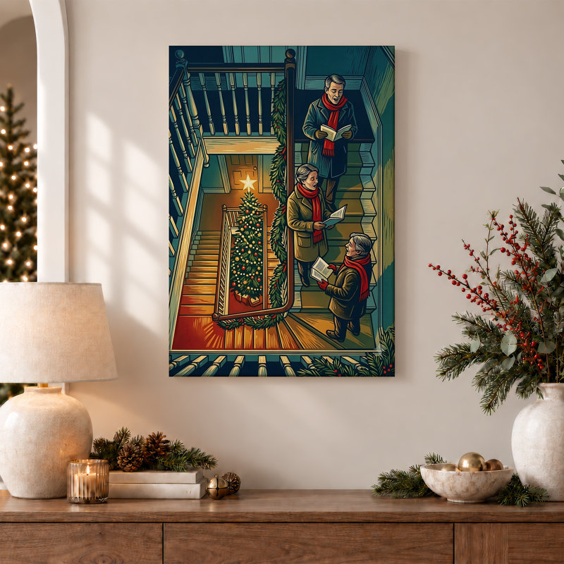 «Singing Carolers on Staircase with Tree Christmas», art mural sur toile, H 24 po x l 16 po
