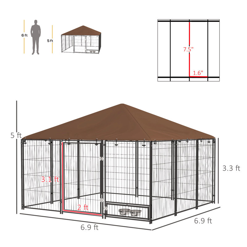 Chenil extérieur, enclos pour chiots de 6,9 pi x 6,9 pi x 6 pi avec auvent, cage de clôture pour parc de jardin, bol tournant, café